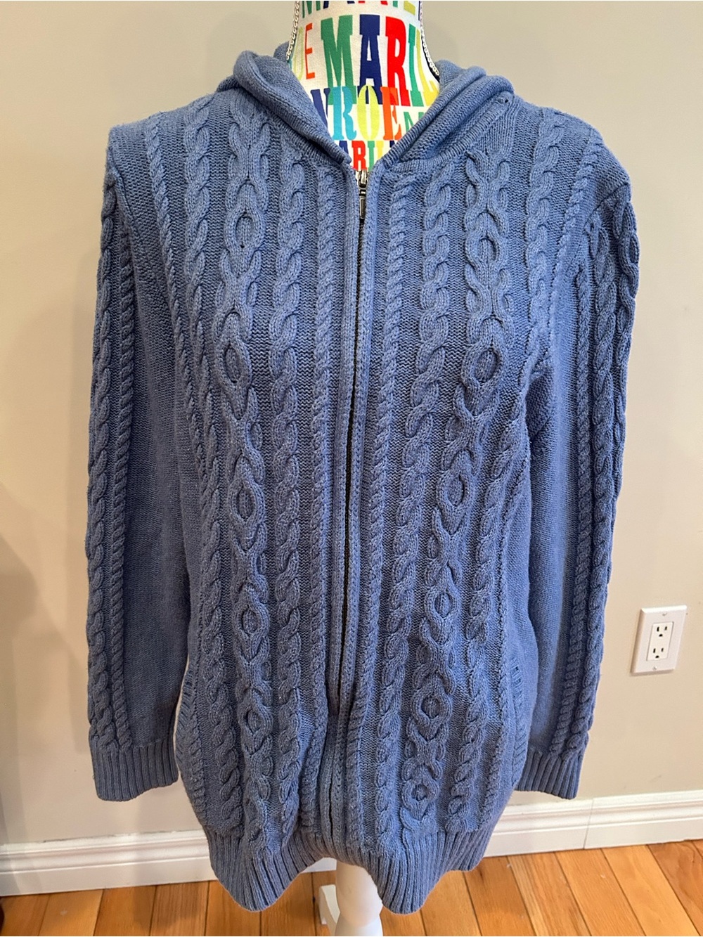 L.L. Bean 100% Cotton Slate Blue Cable-Knit Zip Hoodie